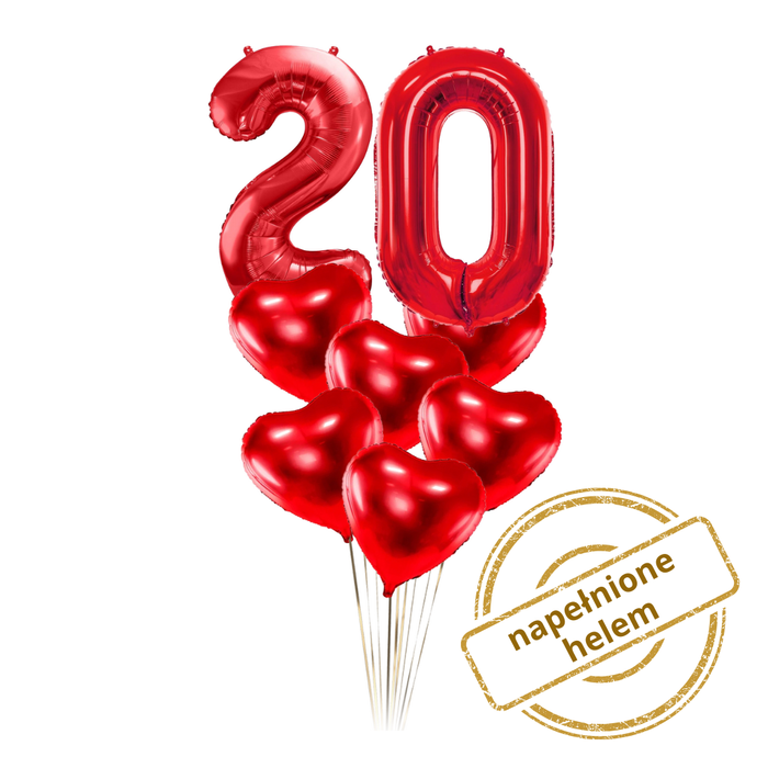 Zestaw balonów Bukiet balonowy urodzinowy czerwone serca z 2 cyframi do wyboru ( 8 szt.) Z HELEM