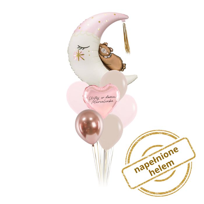 Zestaw balonów Bukiet balonowy Księżyc z Misiem różowy PERSONALIZACJA 7 szt. Z HELEM