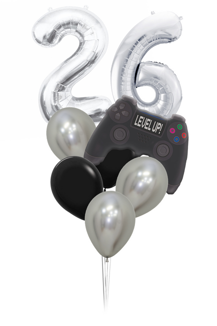 Zestaw balonów Bukiet balonowy urodzinowy srebrny dla fana gier z 2 cyframi do wyboru ( 8 szt.)