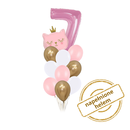 Zestaw balonów bukiet balonowy z kotkiem 7 urodziny dziewczynki 11 szt. Z HELEM