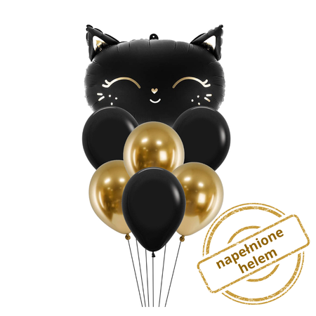Zestaw balonów bukiet balonowy z kotkiem czarno złoty 7 szt. Z HELEM