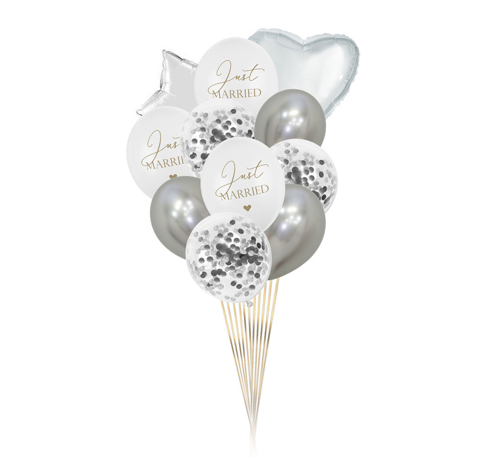 Zestaw balonów Bukiet balonowy biało srebrny Just Married na Ślub (11 szt.)