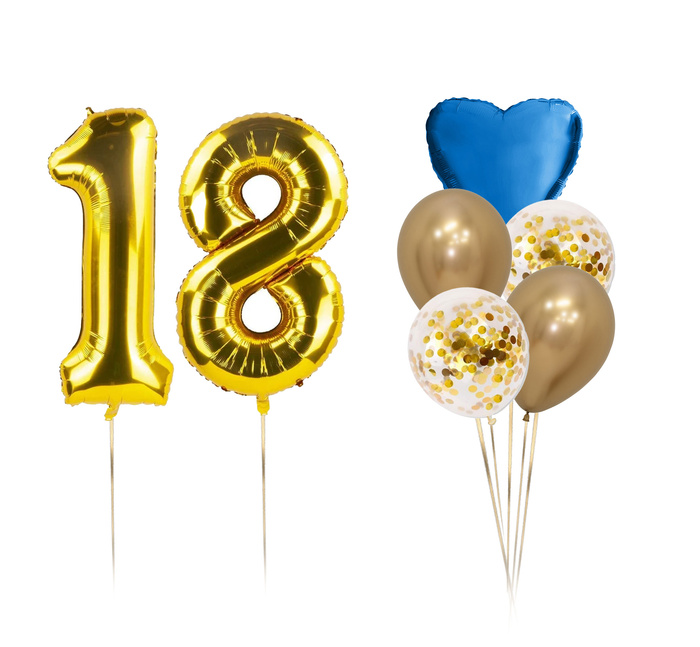 Zestaw balonów Bukiet balonowy urodzinowy złoto niebieski z 2 cyframi do wyboru (7 szt.)