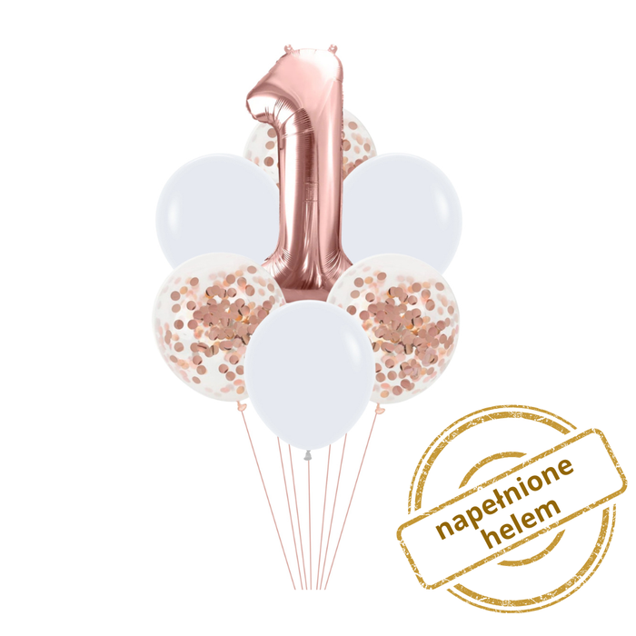 Zestaw balonów Bukiet balonowy złoto różowy urodzinowy z 1 cyfra do wyboru (7 szt.) Z HELEM
