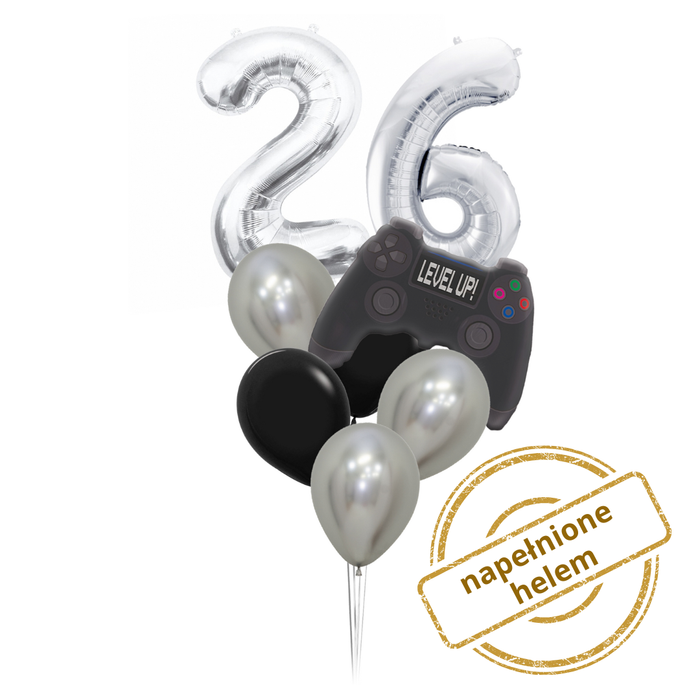 Zestaw balonów Bukiet balonowy urodzinowy srebrny dla fana gier z 2 cyframi do wyboru ( 8 szt.) Z HELEM