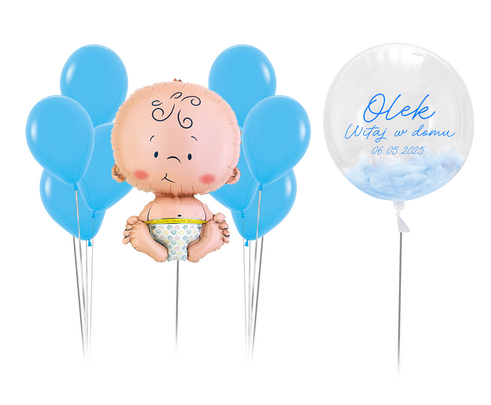 Zestaw balonów Bukiet balonowy niebieski z Bobasem i personalizacją ( 10 szt.)
