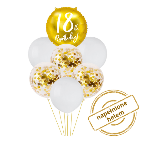 Zestaw balonów Bukiet balonowy na 18 urodziny biało złoty ( 7 szt.) Z HELEM