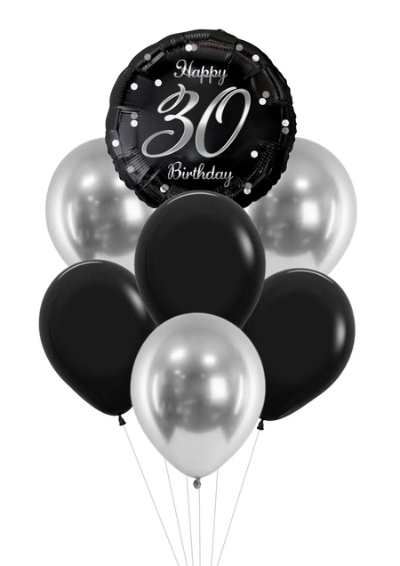 Zestaw balonów Bukiet balonowy na 30 urodziny czarno srebrny (7 szt.) Z HELEM