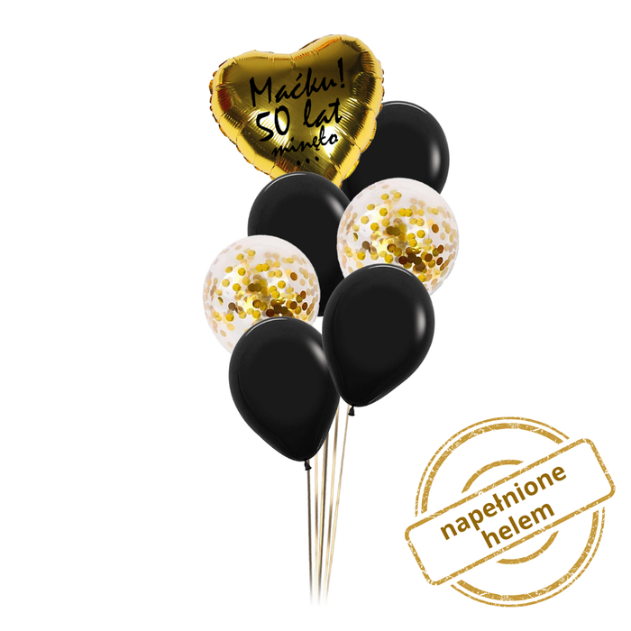 Zestaw balonów Bukiet balonowy złoto czarny z sercem i  personalizacją (7 szt.) Z HELEM