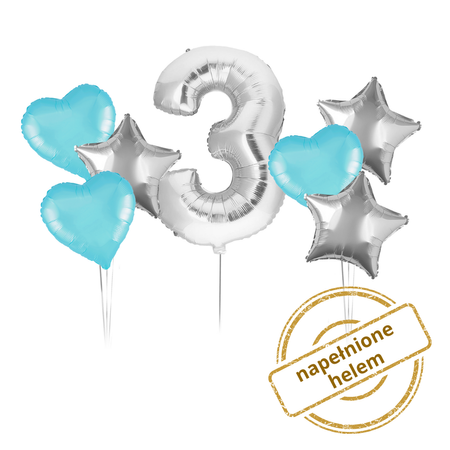 Zestaw balonów Bukiet balonowy urodzinowy niebiesko srebrny z cyfrą do wyboru ( 7 szt.) Z HELEM