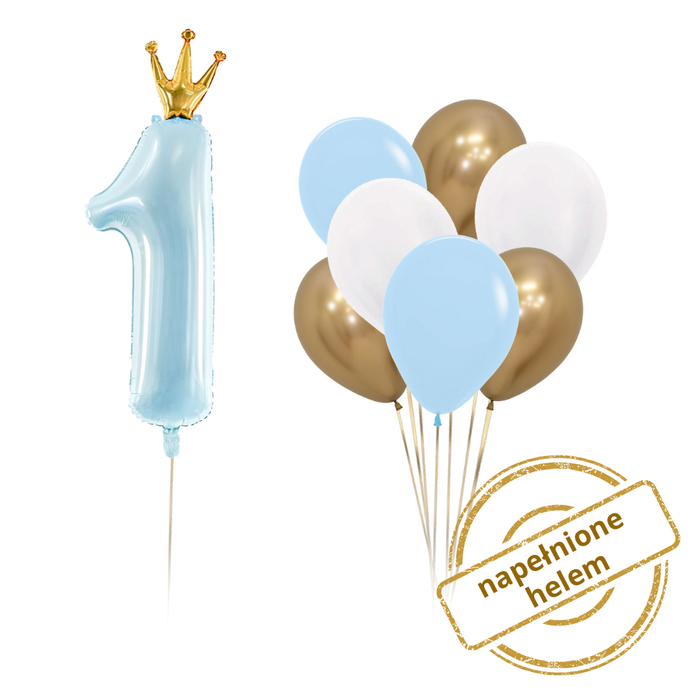 Zestaw balonów Bukiet balonowy na roczek z 1 cyfrą dla chłopca (7 szt.) Z HELEM