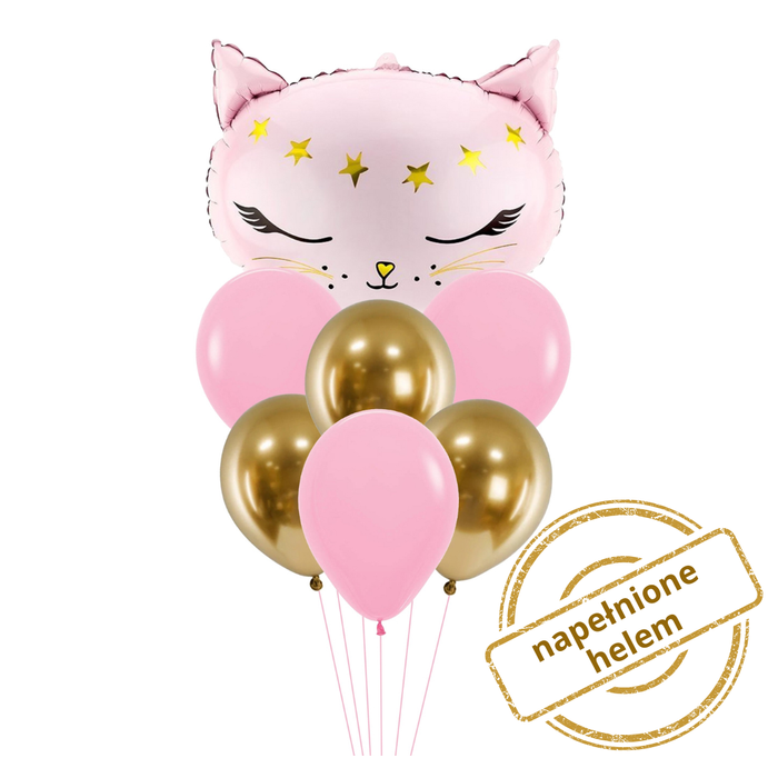 Zestaw balonów bukiet balonowy z kotkiem różowo złoty 7 szt. Z HELEM