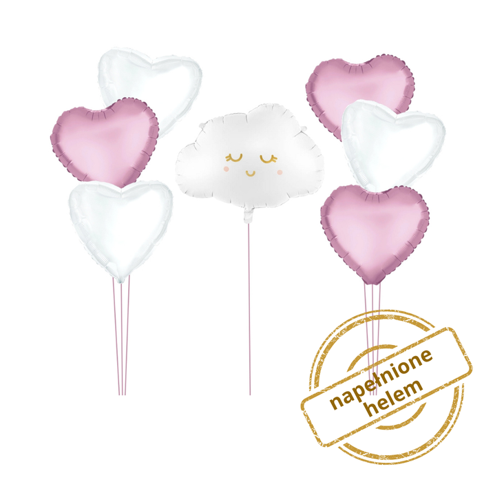 Zestaw balonów Bukiet balonowy biało różowy z chmurka i serduszkami (7 szt.) Z HELEM