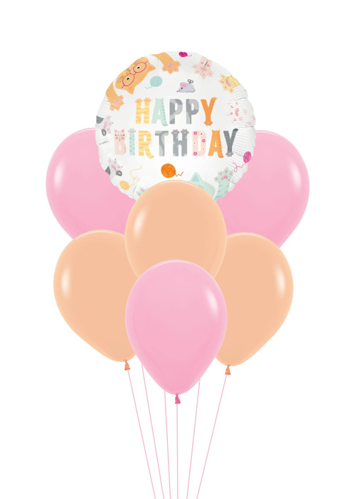 Zestaw balonów Bukiet balonowy urodzinowy z kotkami Happy Birthday (7 szt.)