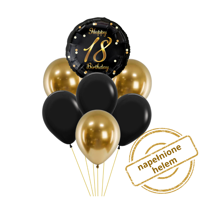 Zestaw balonów Bukiet balonowy na 18 urodziny czarno złoty (7 szt.) Z HELEM