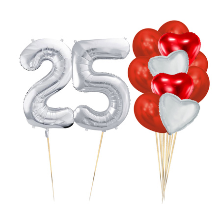 Zestaw balonów Bukiet balonowy z czerwono srebnymi serduszkami i 2 cyframi do wyboru (10 szt.)