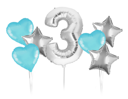 Zestaw balonów Bukiet balonowy urodzinowy niebiesko srebrny z cyfrą do wyboru ( 7 szt.)