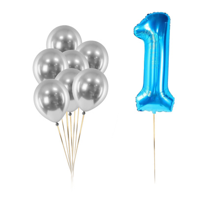 Zestaw balonów Bukiet balonowy srebrno niebieski z 1 cyfrą do wyboru (8 szt.)
