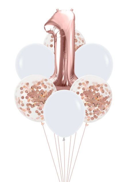 Zestaw balonów Bukiet balonowy złoto różowy urodzinowy z 1 cyfra do wyboru (7 szt.) Z HELEM