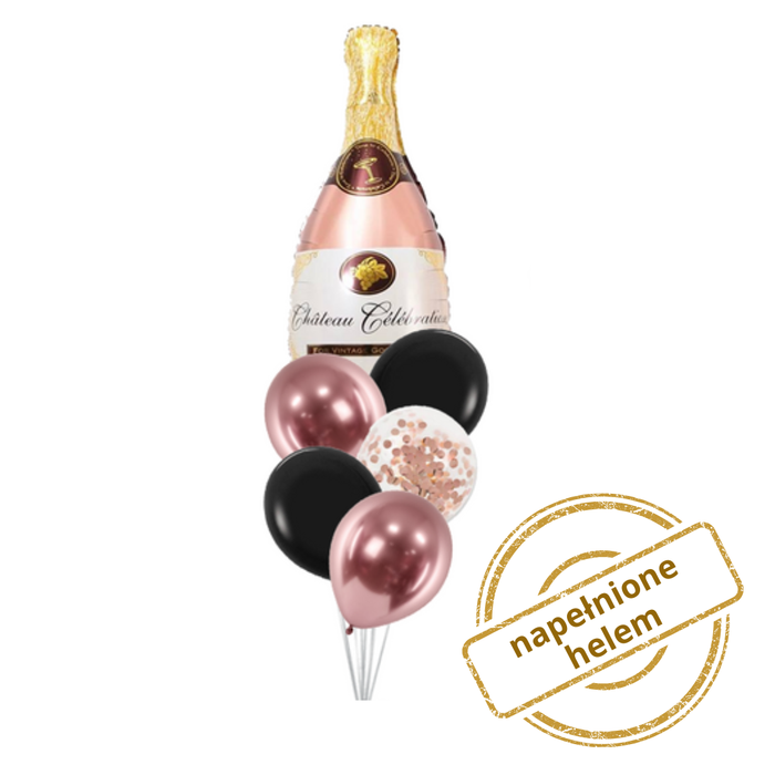 Zestaw balonów Bukiet balonowy z Prosecco różowo czarny ( 6 szt.) Z HELEM