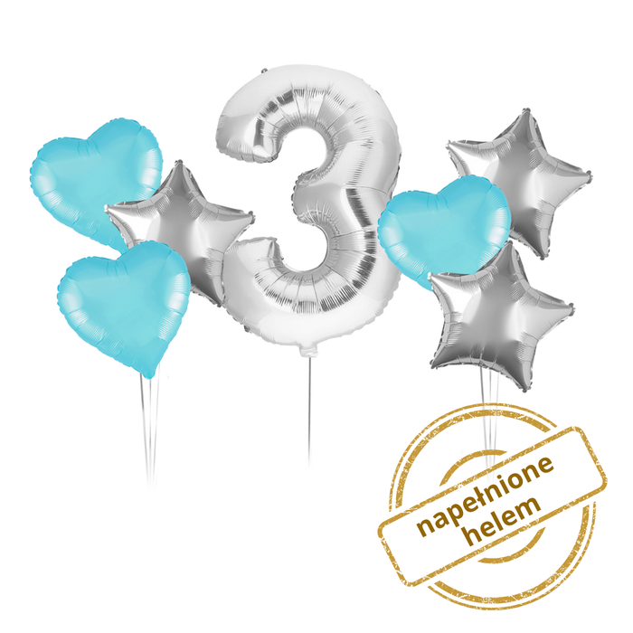 Zestaw balonów Bukiet balonowy urodzinowy niebiesko srebrny z cyfrą do wyboru ( 7 szt.) Z HELEM