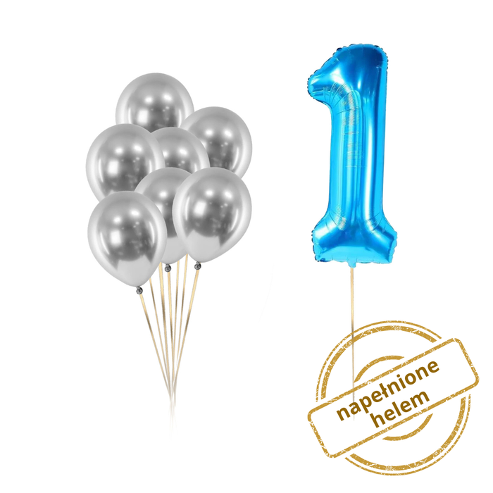 Zestaw balonów Bukiet balonowy srebrno niebieski z 1 cyfrą do wyboru (8 szt.) Z HELEM