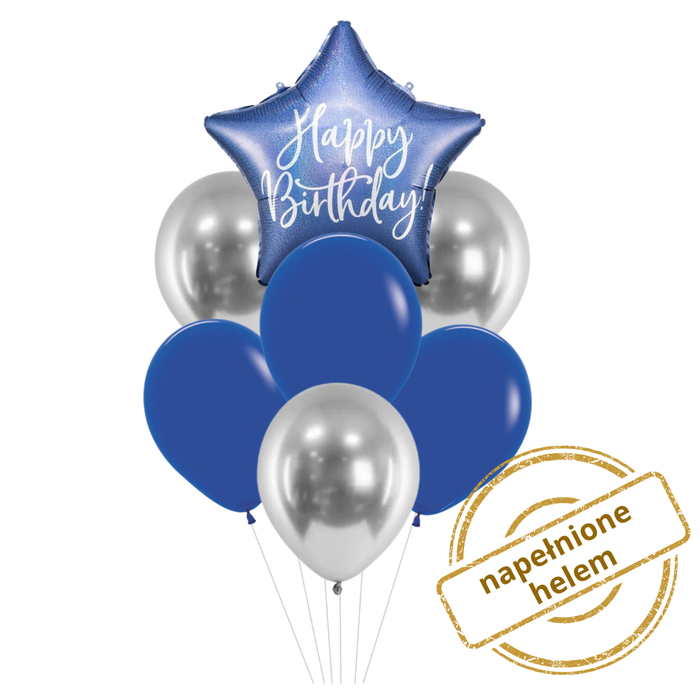 Zestaw balonów Bukiet balonowy na urodziny niebiesko srebrny (7 szt.) Z HELEM