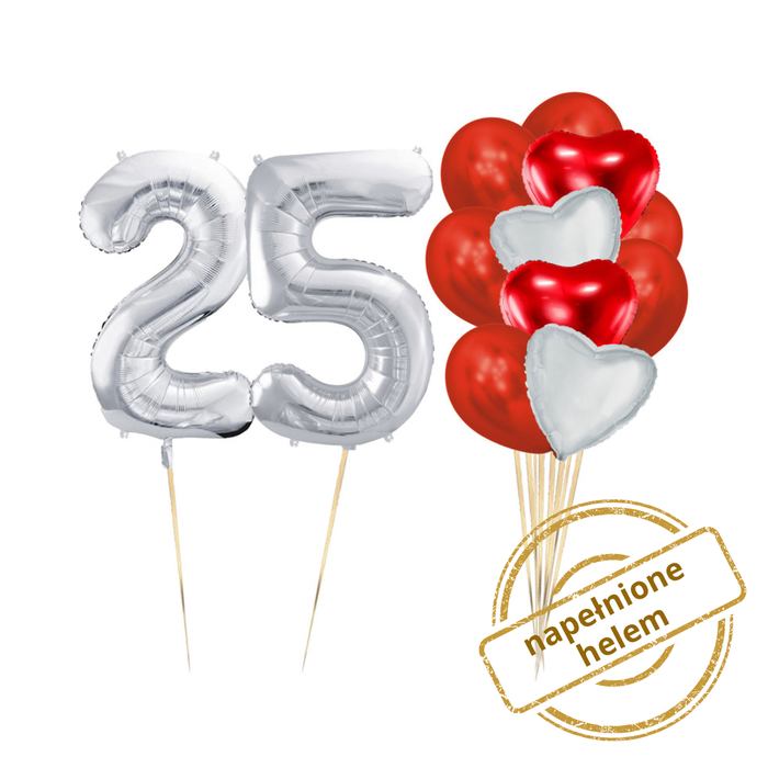 Zestaw balonów Bukiet balonowy z czerwono srebnymi serduszkami i 2 cyframi do wyboru (10 szt.) Z HELEM