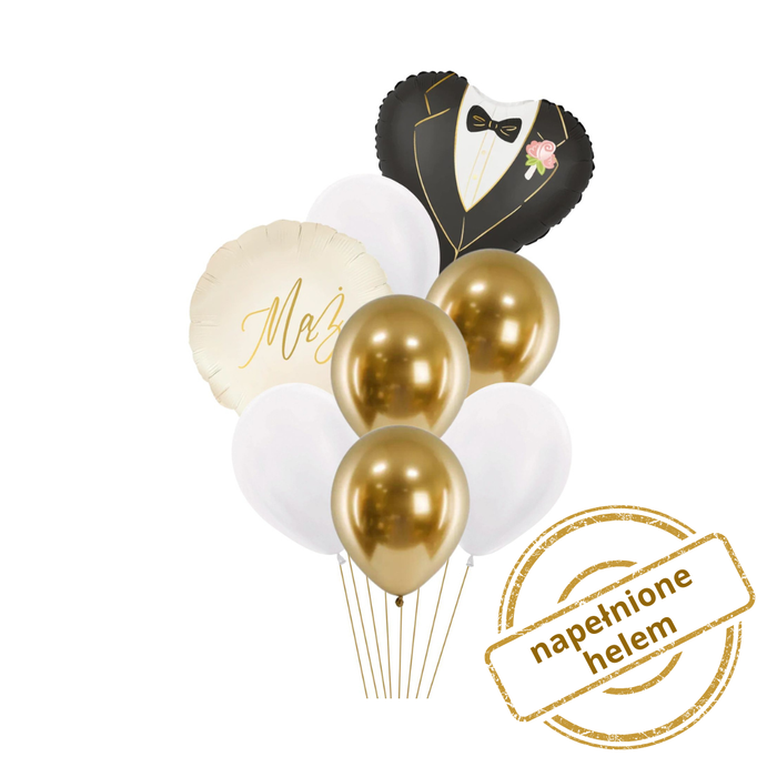 Zestaw balonów Bukiet balonowy biało złoty Pan Młody (8 szt.) Z HELEM