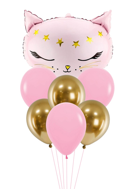 Zestaw balonów bukiet balonowy z kotkiem różowo złoty 7 szt. Z HELEM