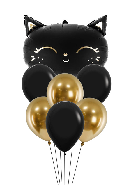 Zestaw balonów bukiet balonowy z kotkiem czarno złoty 7 szt. Z HELEM