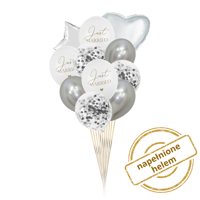 Zestaw balonów Bukiet balonowy biało srebrny Just Married na Ślub (11 szt.) Z HELEM