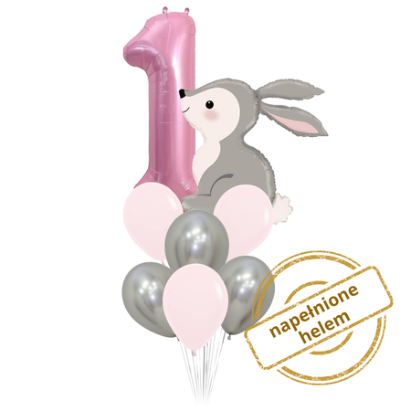 Zestaw balonów Bukiet balonowy Roczek dziewczynka różowo srebrny (9 szt.) Z HELEM
