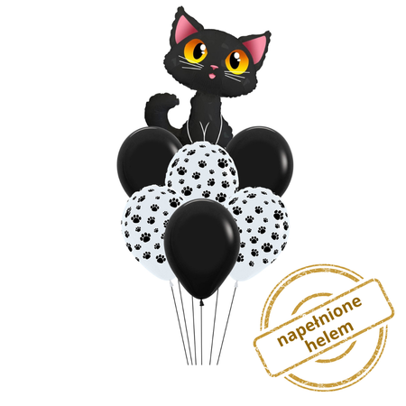 Zestaw balonów bukiet balonowy z kotkiem czarno biały 7 szt. Z HELEM