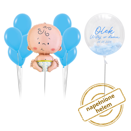 Zestaw balonów Bukiet balonowy niebieski z Bobasem i personalizacją ( 10 szt.) Z HELEM