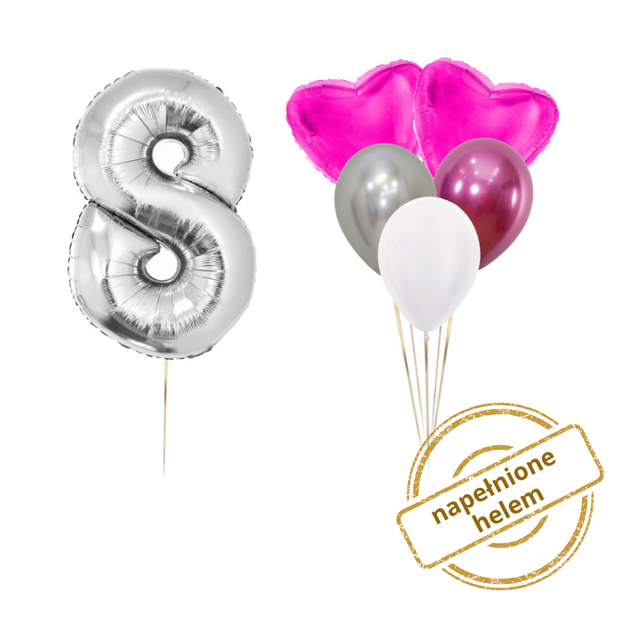 Zestaw balonów Bukiet balonowy z serduszkami i 1 cyfrą do wyboru 6 szt. Z HELEM