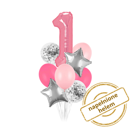 Zestaw balonów Bukiet balonowy Roczek dziewczynka różowo srebrny (9 szt.) Z HELEM