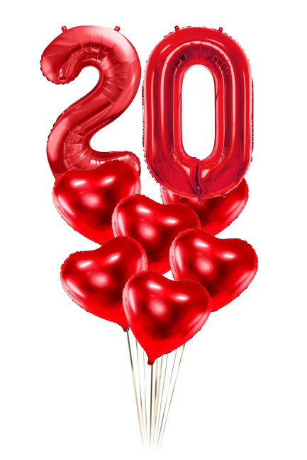 Zestaw balonów Bukiet balonowy urodzinowy czerwone serca z 2 cyframi do wyboru ( 8 szt.) Z HELEM