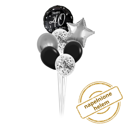 Zestaw balonów Bukiet balonowy na 40 urodziny czarno srebrny ( 7 szt.) Z HELEM
