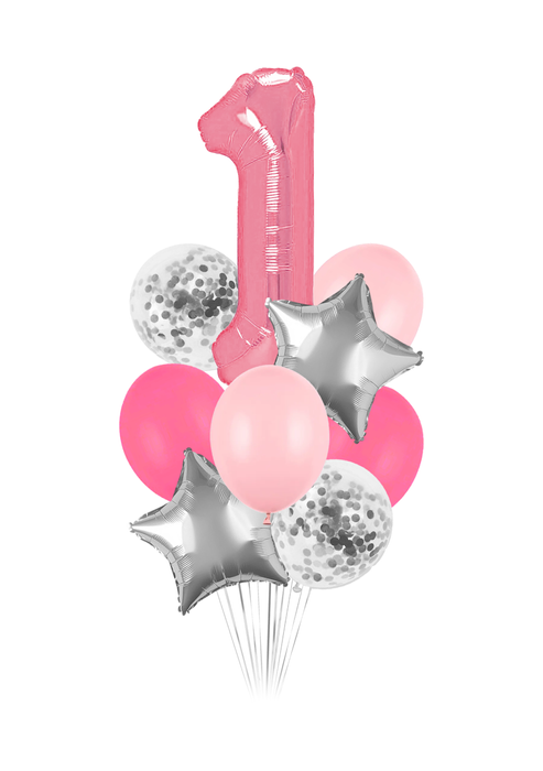Zestaw balonów Bukiet balonowy Roczek dziewczynka różowo srebrny (9 szt.)