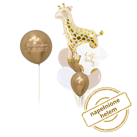 Zestaw balonów Bukiet balonowy dla dziecka żyrafa i śpioszki z PERSONALIZACJĄ 9 szt. Z HELEM